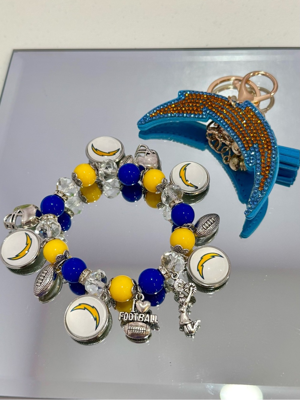 New Chargers Blue & Yellow Beaded Football Charm Bracelet & Keychain Set